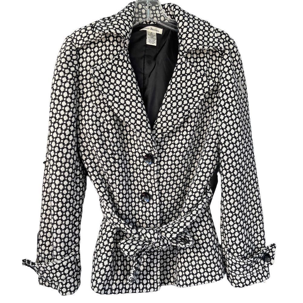 Susan Bristol Black White Tie Waist Pea Coat Size Medium